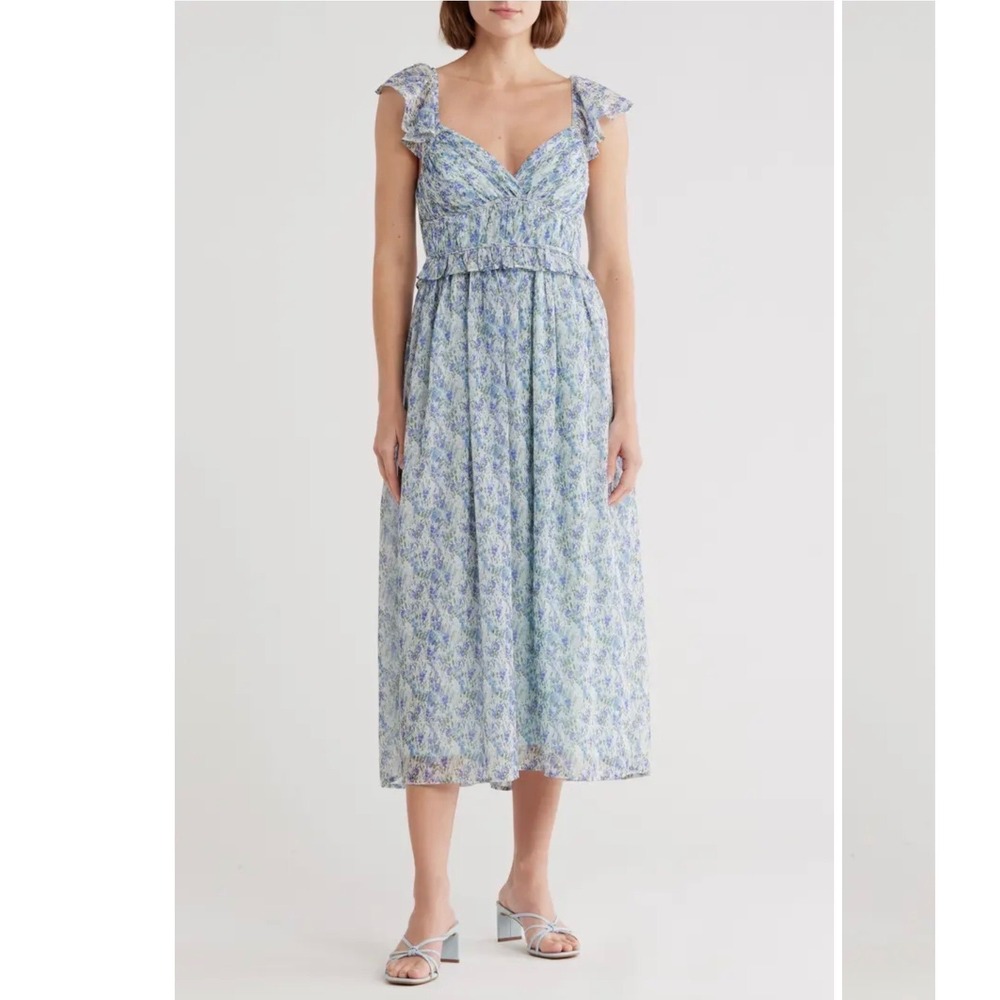 Lush Shirred Flutter Sleeve Midi Dress Floral Blue‎ Cottagecore Size Small NWT